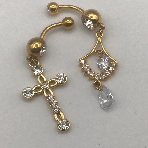 Goldtone Belly Button Rings Dangle with Cubic Zirconia - Picture 2 of 7